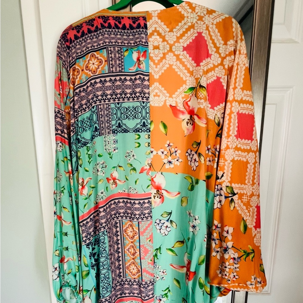 Anthropologie Green and Peach Patterned Blouse